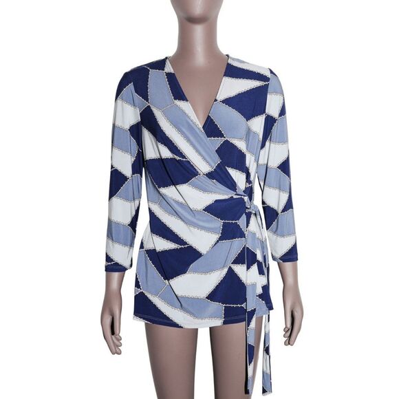 Anne Klein Patchwork Print V-Neck‎ Tie Waist Blouse Boho Retro Medium